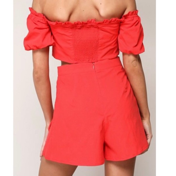 NWOT Red Lace Up Crop Top and Shorts Set - Picture 3 of 6